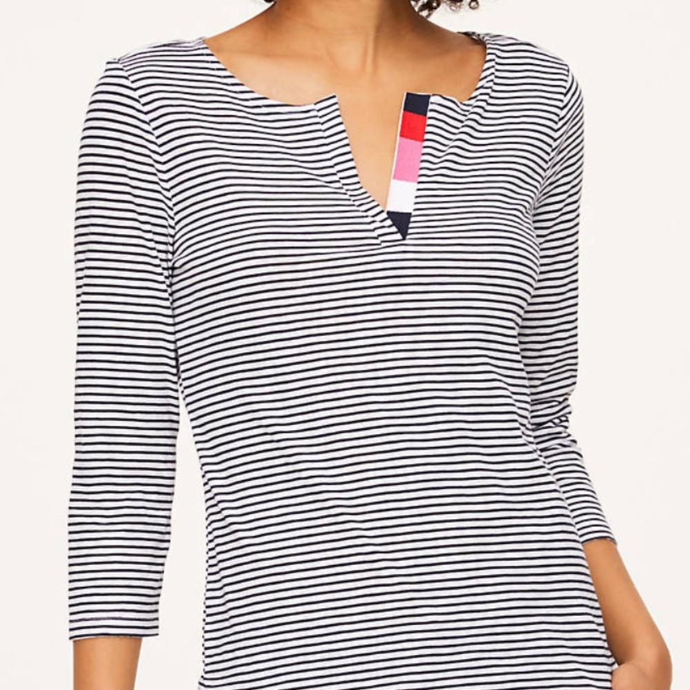 Navy Stripped Split Neck Tee